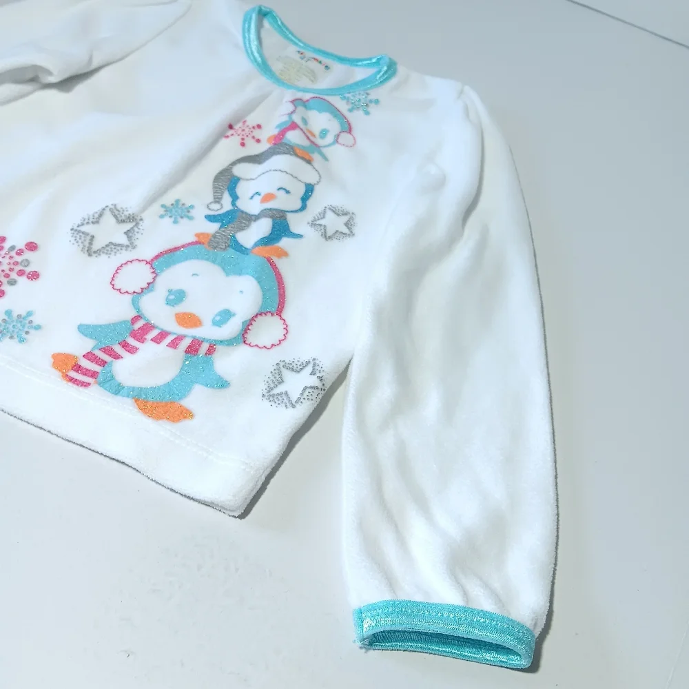 Girls' Blue And White Winter Fleece Pajamas with Penguin Design Size 4T